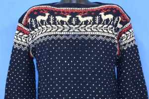 60s Blue White Wool Reindeer Snowflake Sweater Medium