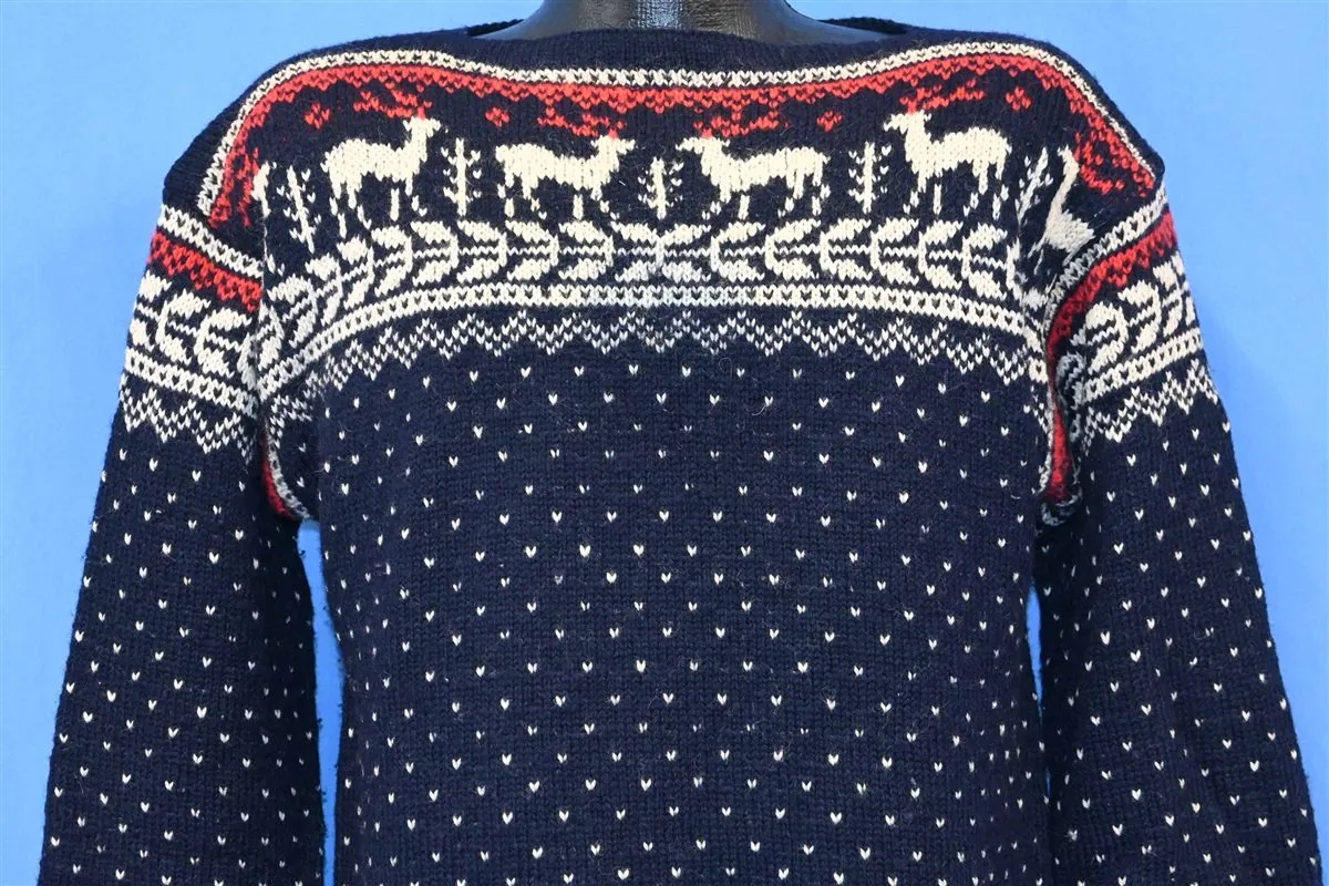 60s Blue White Wool Reindeer Snowflake Sweater Medium