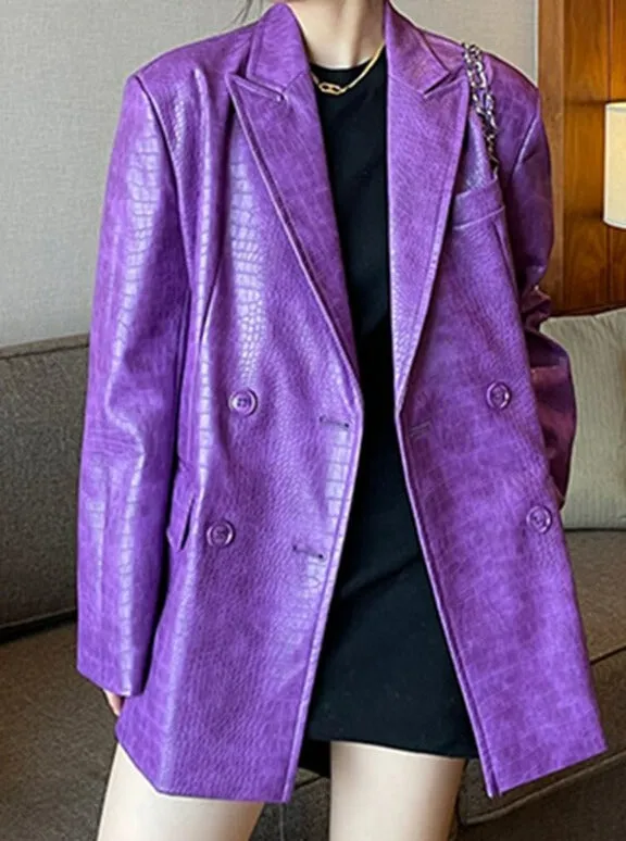 Ashore Shop Oversized Shiny Purple Crocodile Pattern Faux Leather Blazer Women Long Sleeve Double Breasted Y2K Jacket Fashion