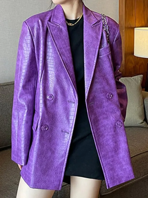 Ashore Shop Oversized Shiny Purple Crocodile Pattern Faux Leather Blazer Women Long Sleeve Double Breasted Y2K Jacket Fashion