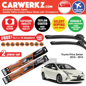 Autobacs Seven Japan Teflon Coated Flex Aerodynamic Wiper Blade with 10 Adaptors for Toyota Prius Sedan 2016-2018 4th Generation (XW50) (28" 16")