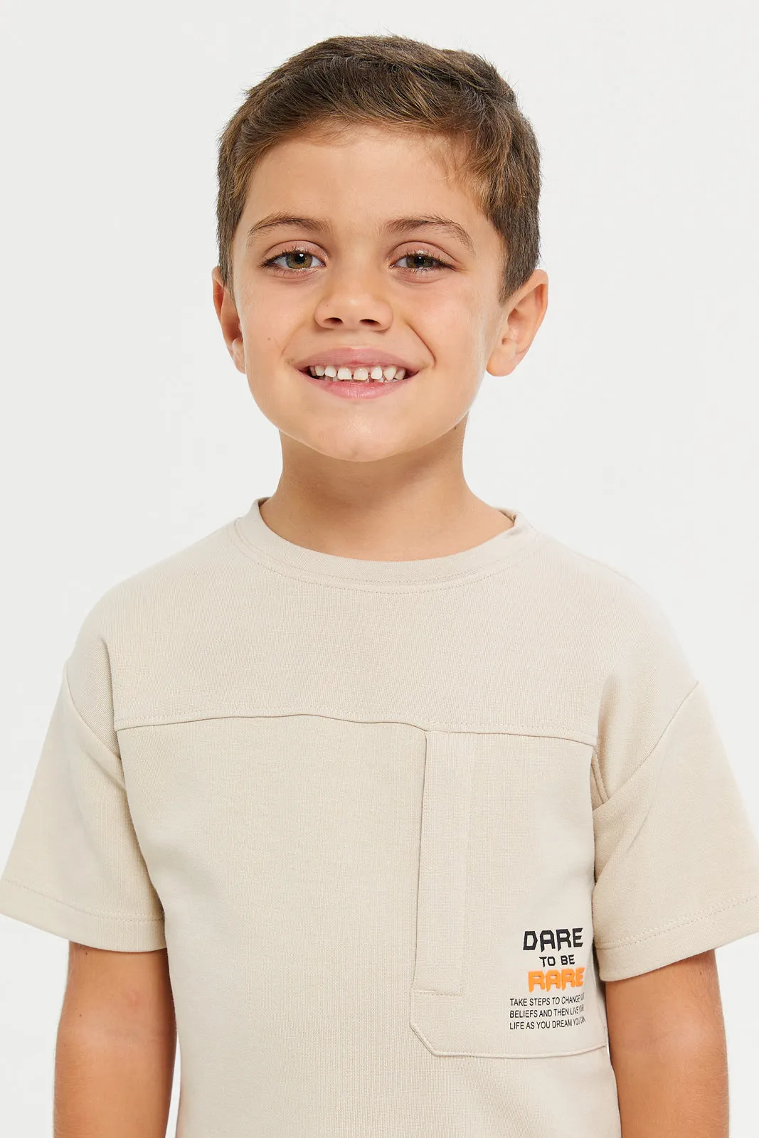 Boys Beige Soft Feel Drop Shoulder T-Shirt