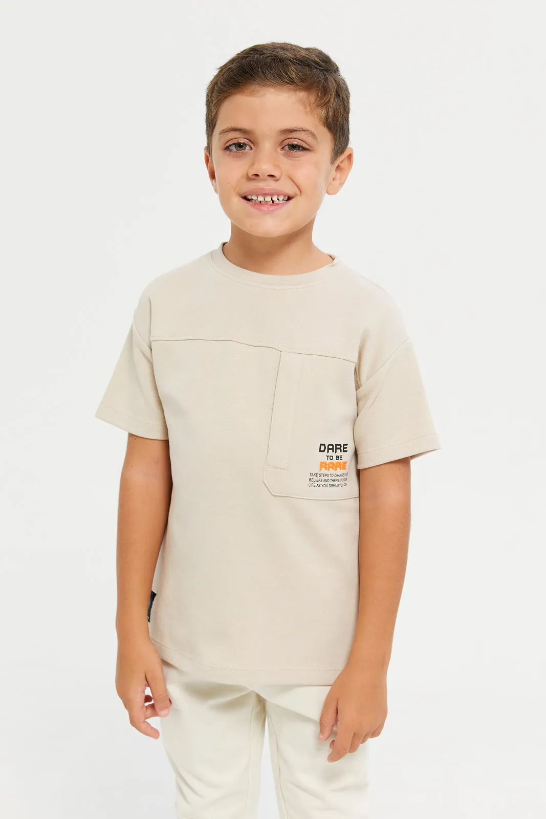 Boys Beige Soft Feel Drop Shoulder T-Shirt