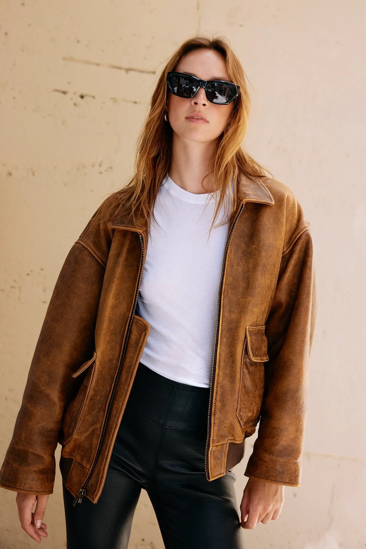 Brown Distressed Leather Aviator Jacket