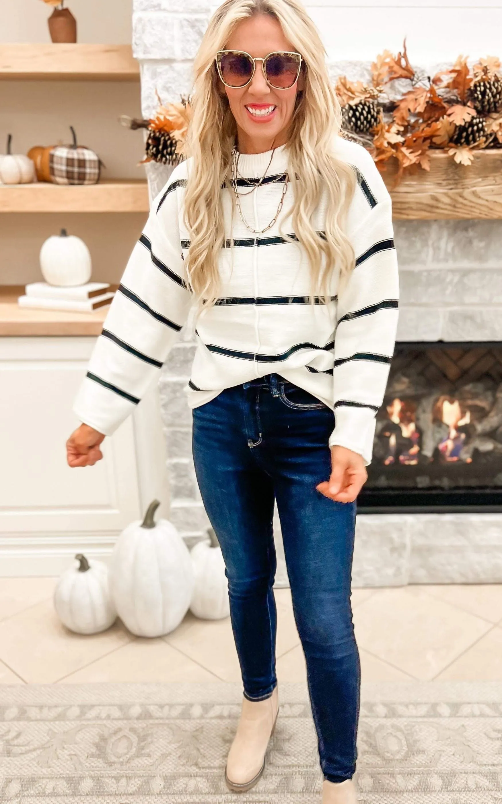 Classic Stripes Sweater Top - Ivory Black