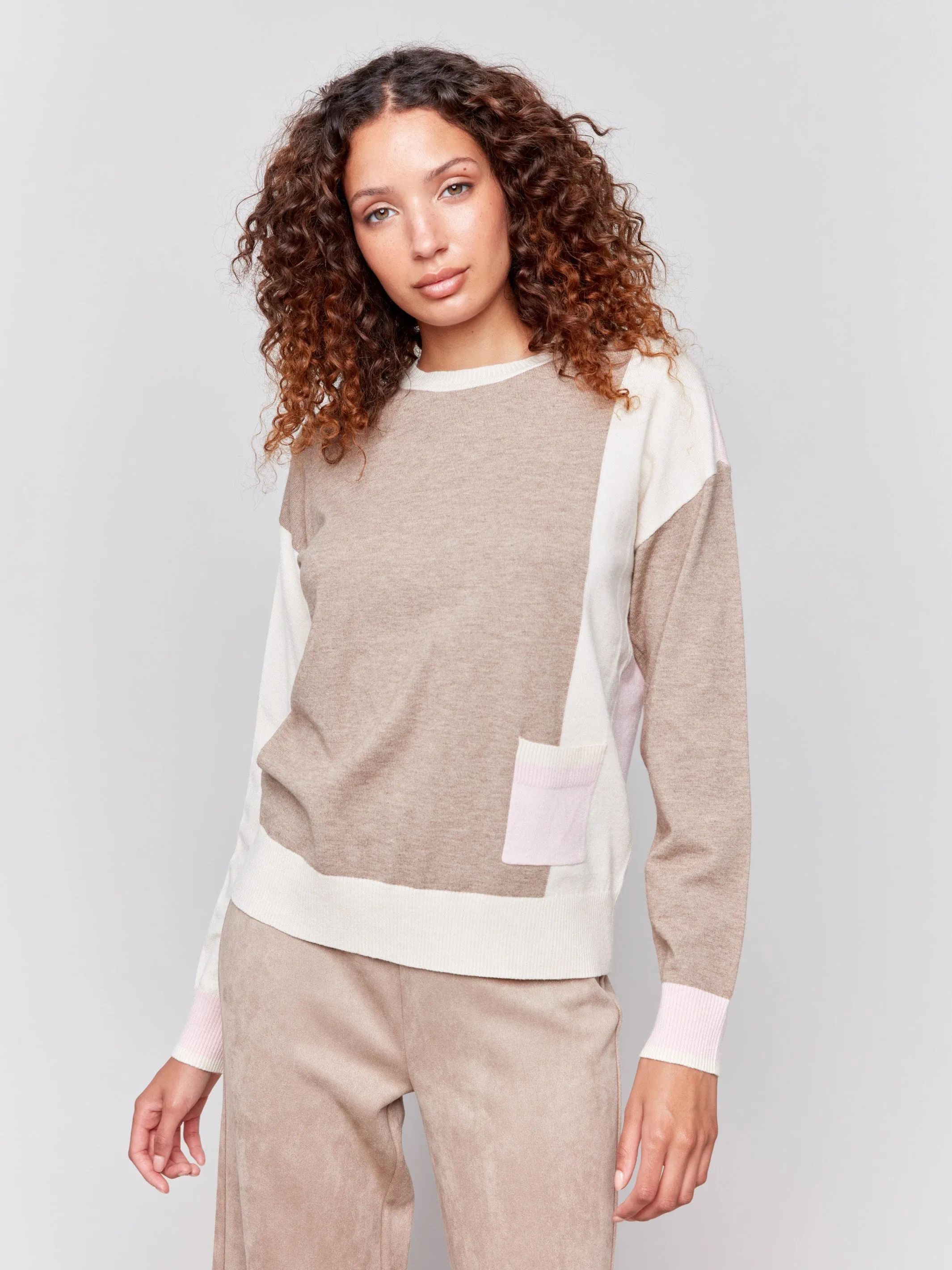 Color Block Sweater with Pocket Detail - Truffle