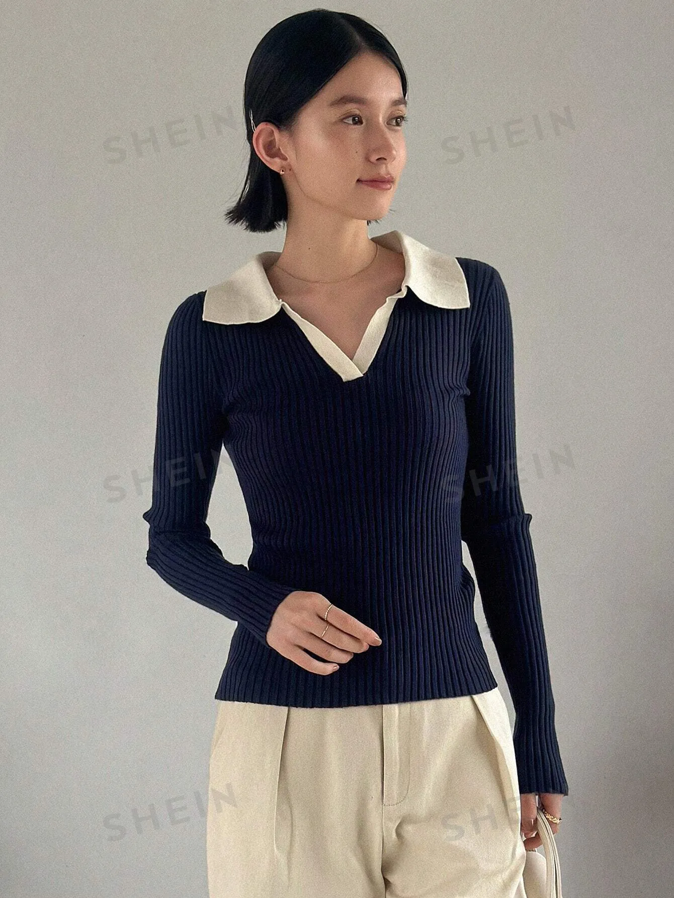 Contrast Collar Ribbed Knit Sweater