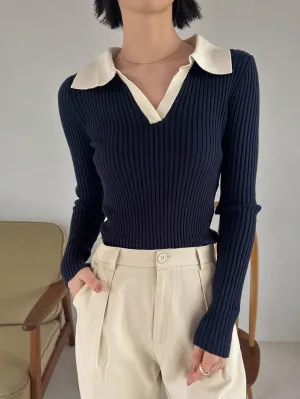 Contrast Collar Ribbed Knit Sweater