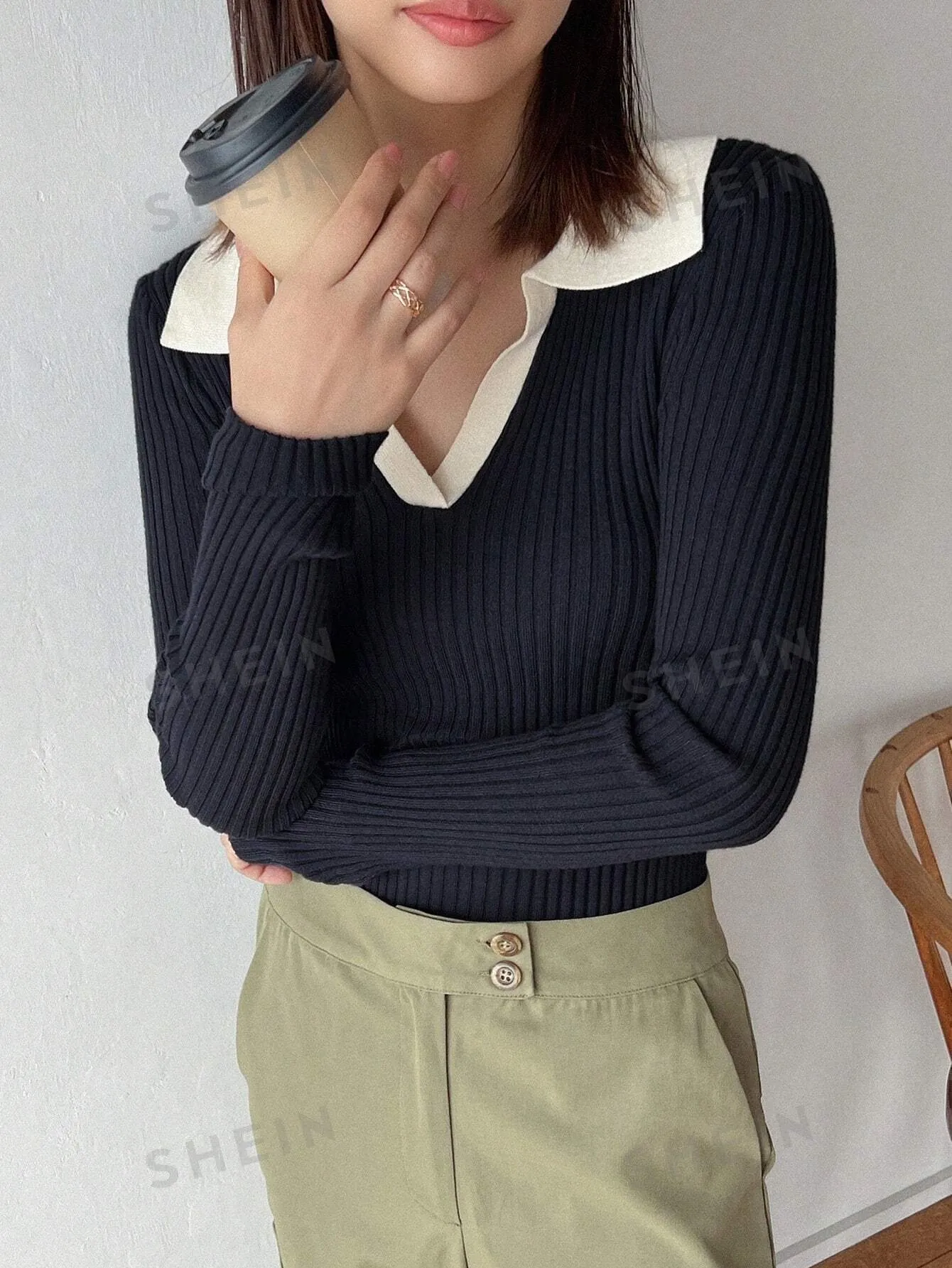 Contrast Collar Ribbed Knit Sweater