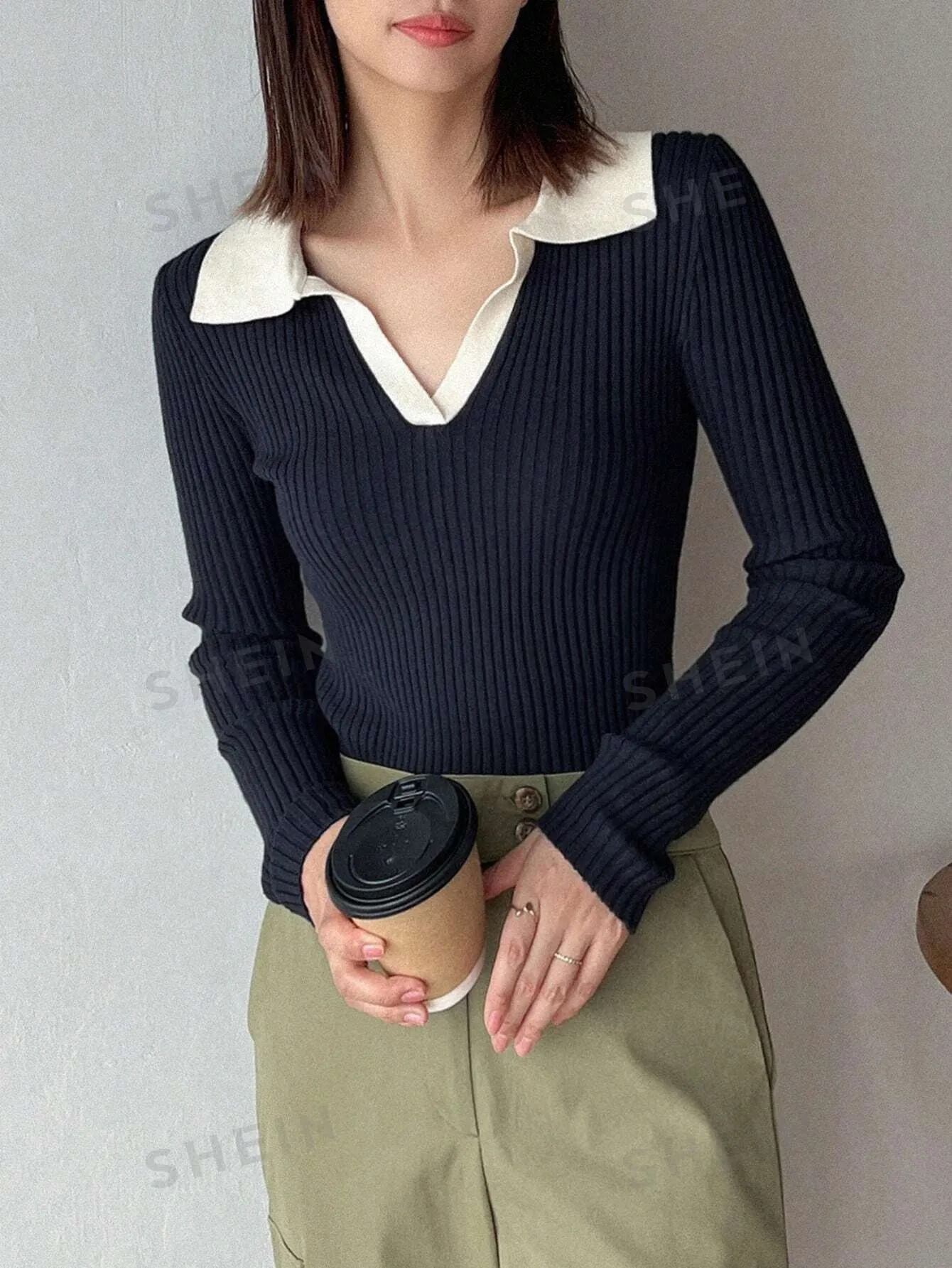 Contrast Collar Ribbed Knit Sweater