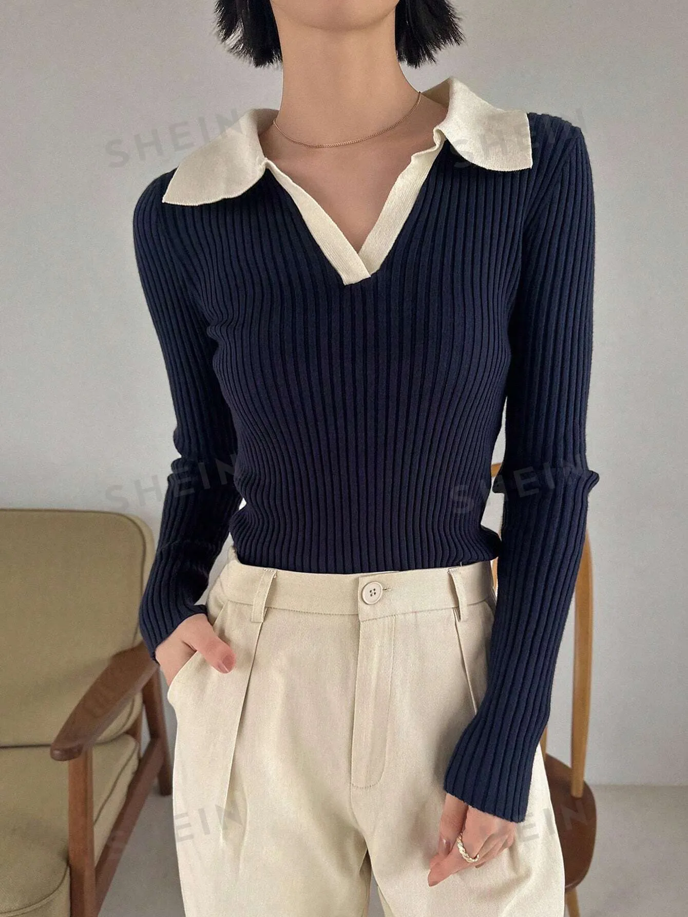 Contrast Collar Ribbed Knit Sweater