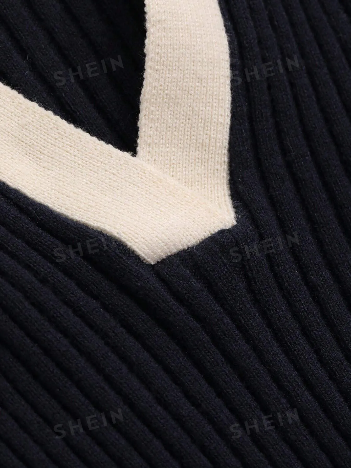 Contrast Collar Ribbed Knit Sweater