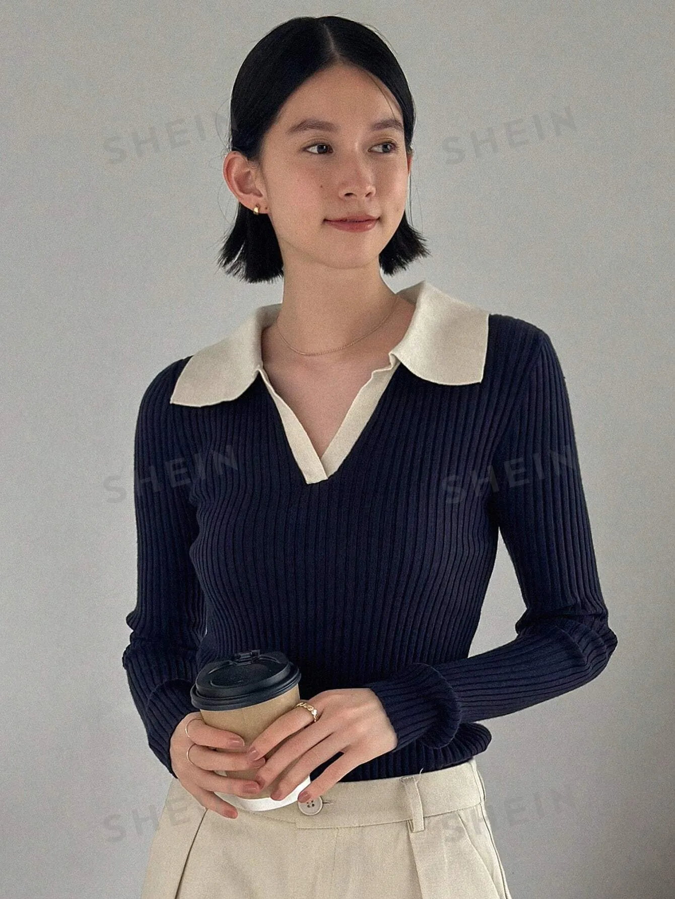 Contrast Collar Ribbed Knit Sweater