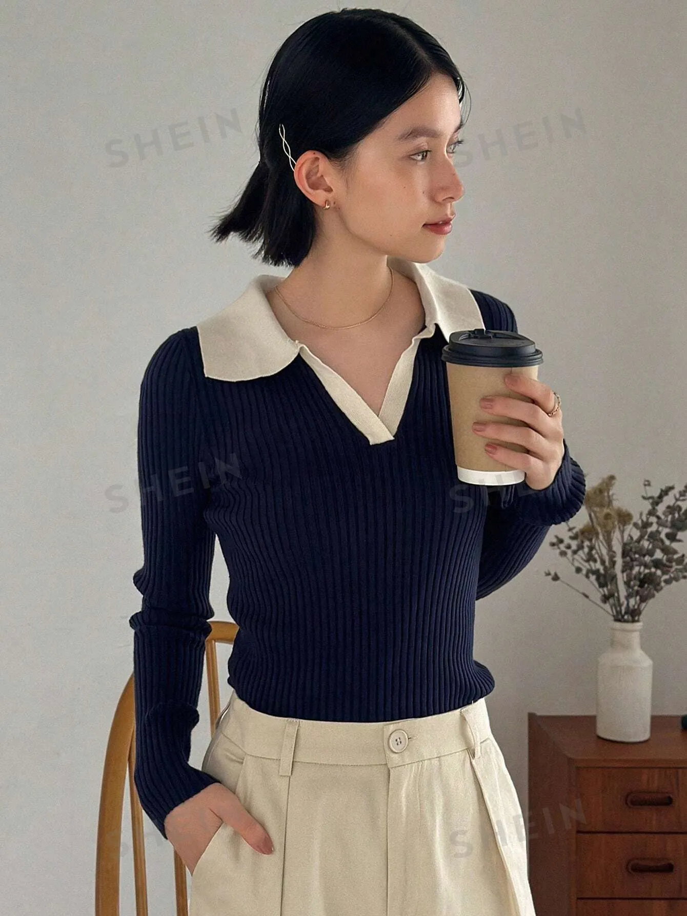 Contrast Collar Ribbed Knit Sweater