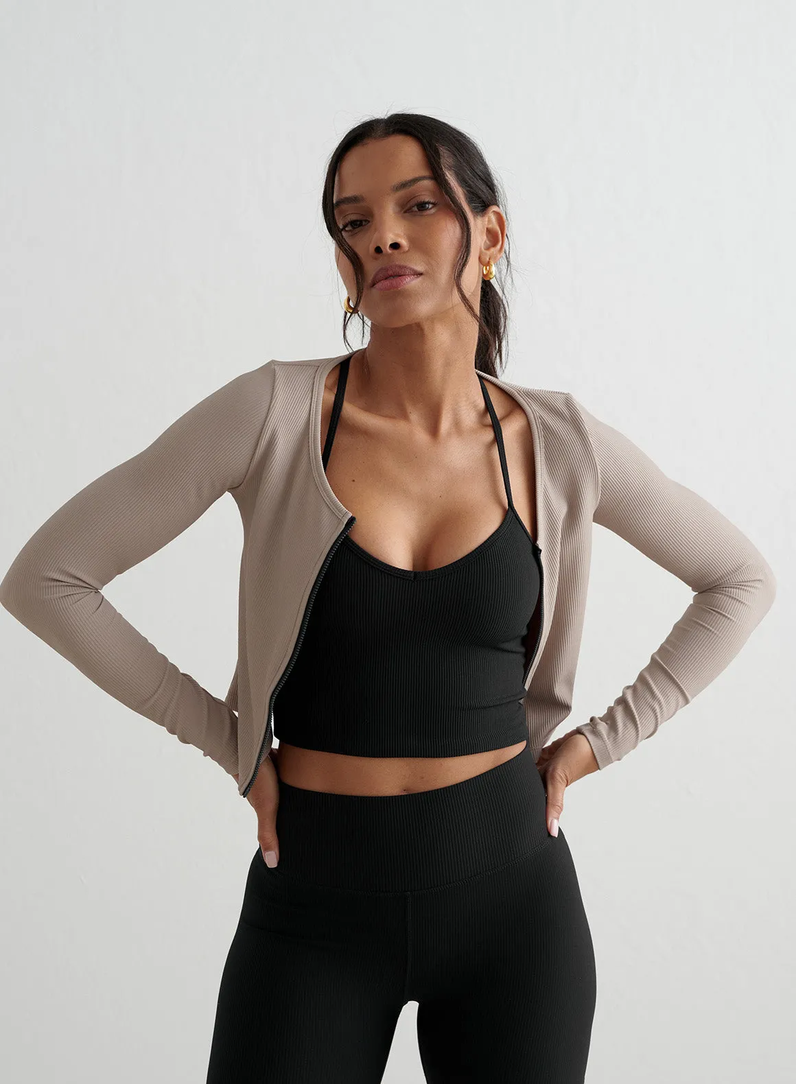 Dark Clay Ribbed Performance Zipped Cardigan