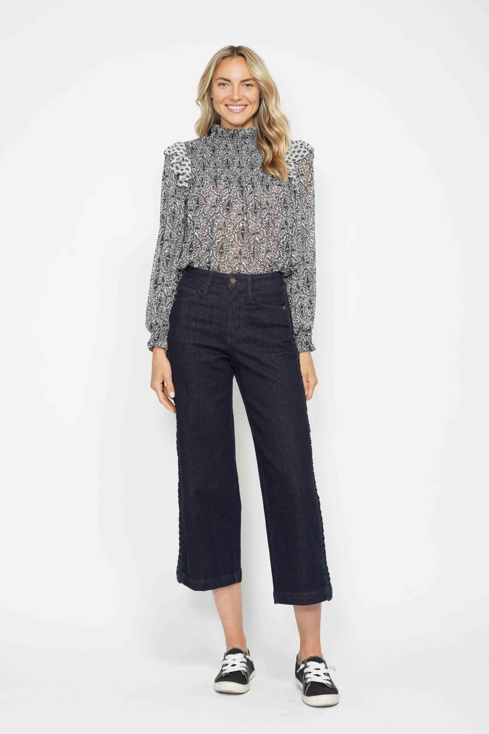 Dark Denim Judy Blue High Waisted Braid Detail Crop Wide Pant