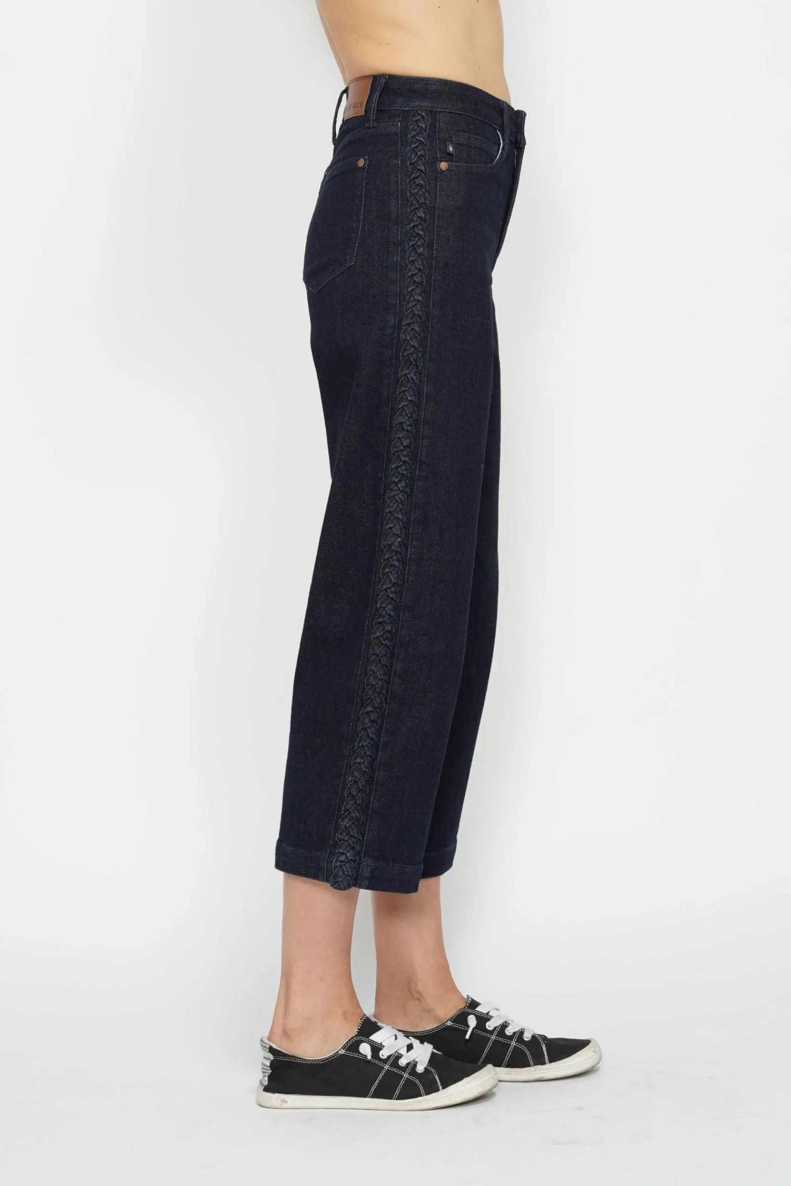 Dark Denim Judy Blue High Waisted Braid Detail Crop Wide Pant