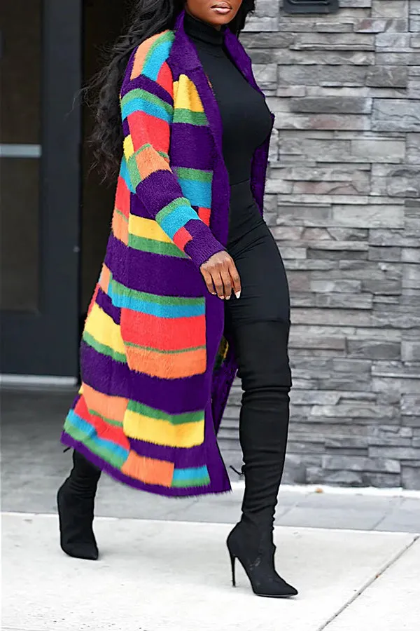 Fashionable Rainbow Striped Lapel Long Cardigan