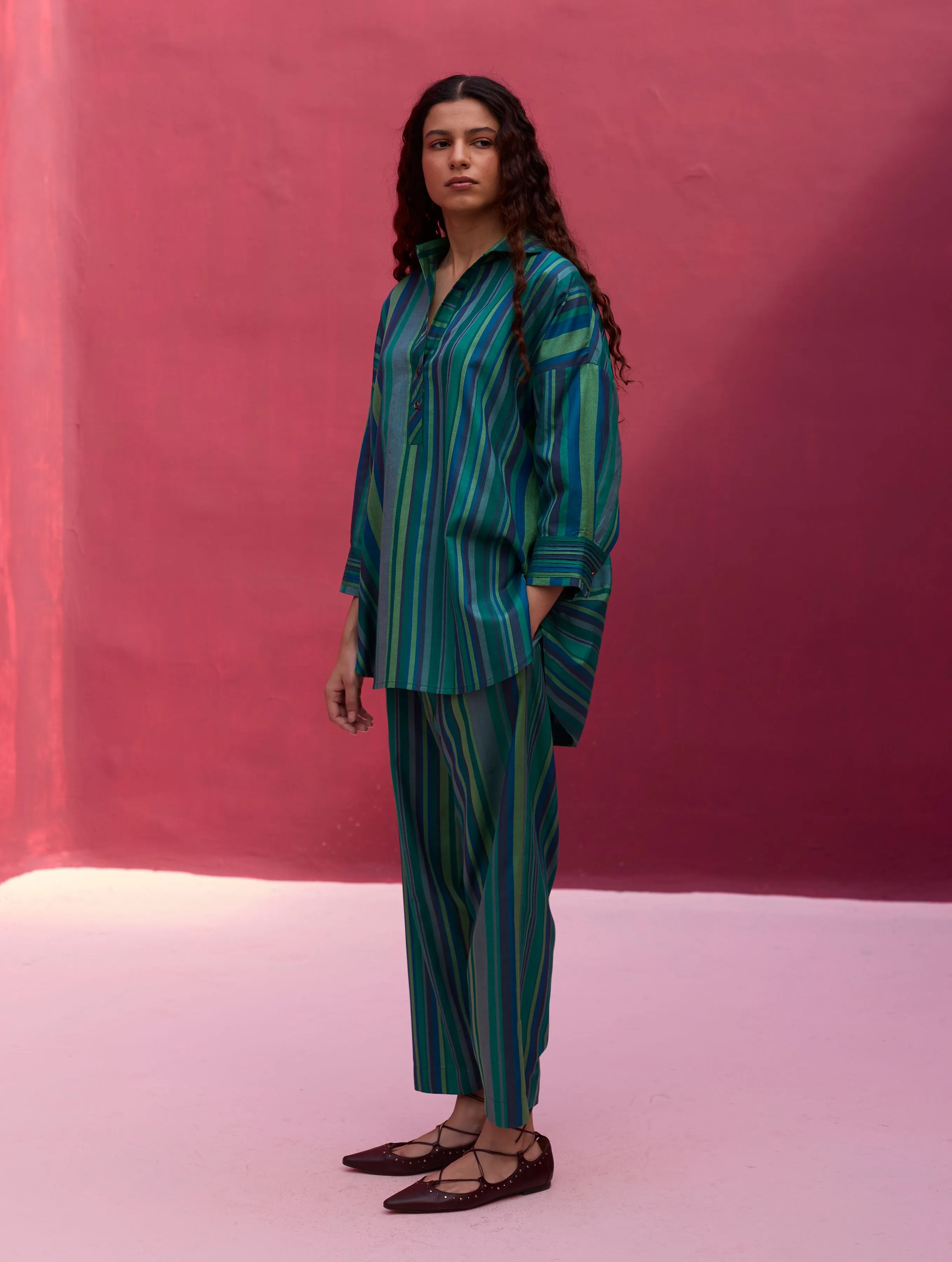 Fiza Silk Stripe Pants - Peacock