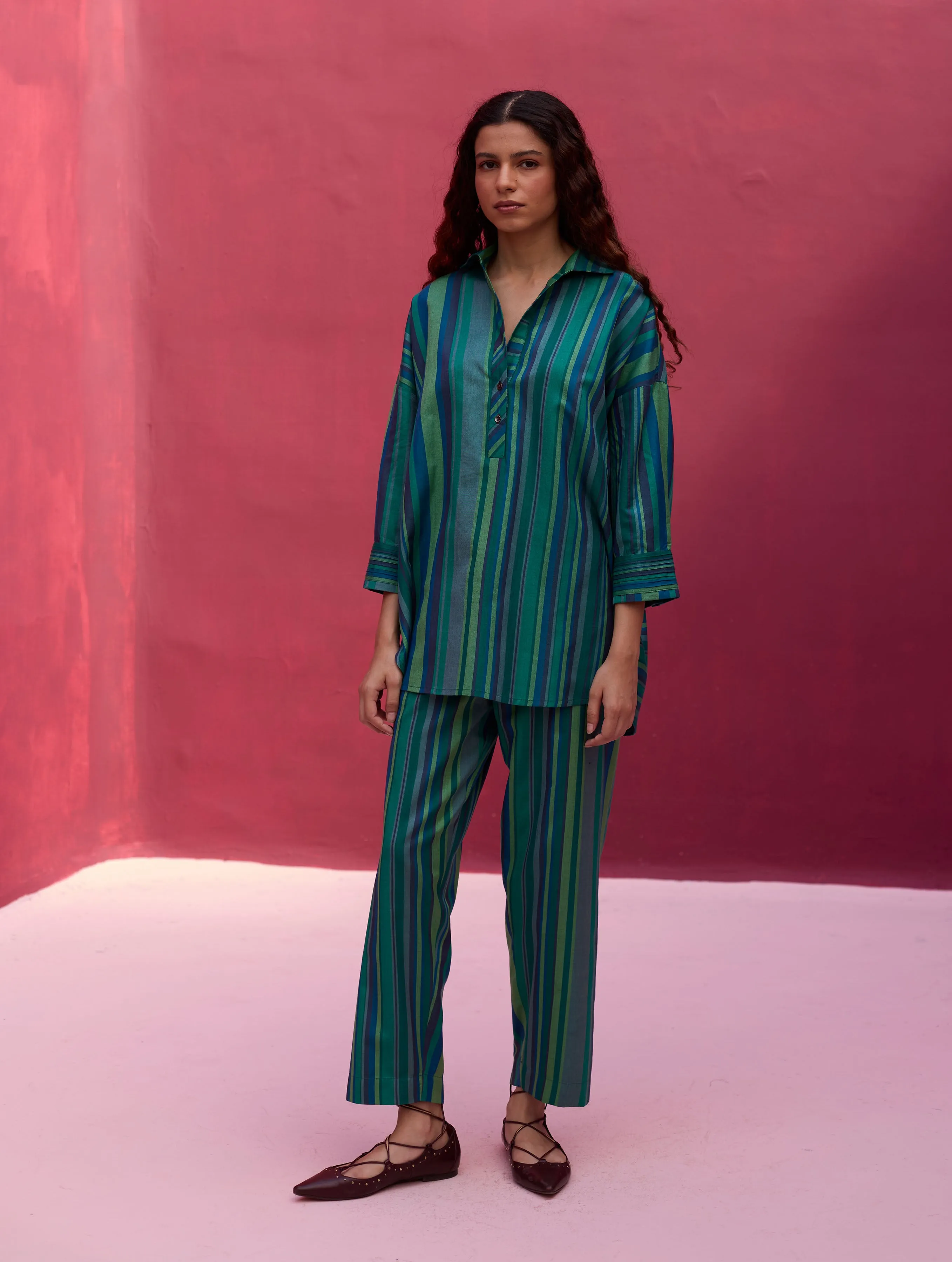 Fiza Silk Stripe Pants - Peacock