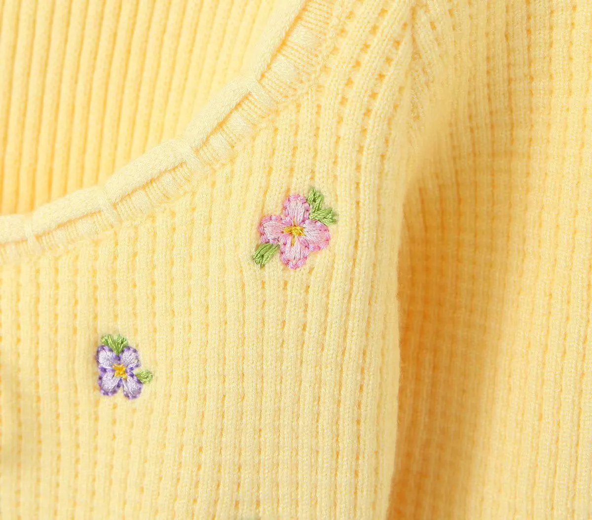 Floral Embroidery Sweet Waffle Knitted Cropped Home Sweater