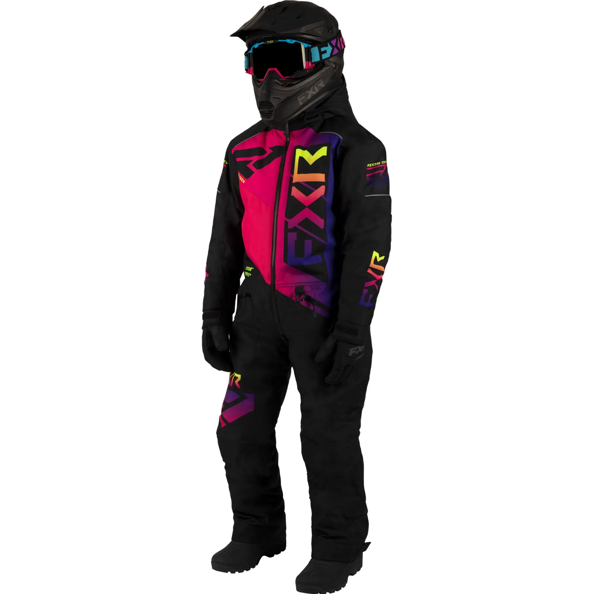 FXR Youth Helium Snowmobile Monosuit Black/Neon Fusion Pink