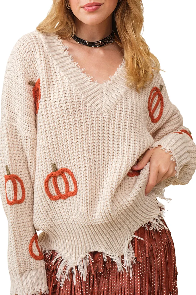 HWT1229 Pumpkin Patch Distressed Sweater