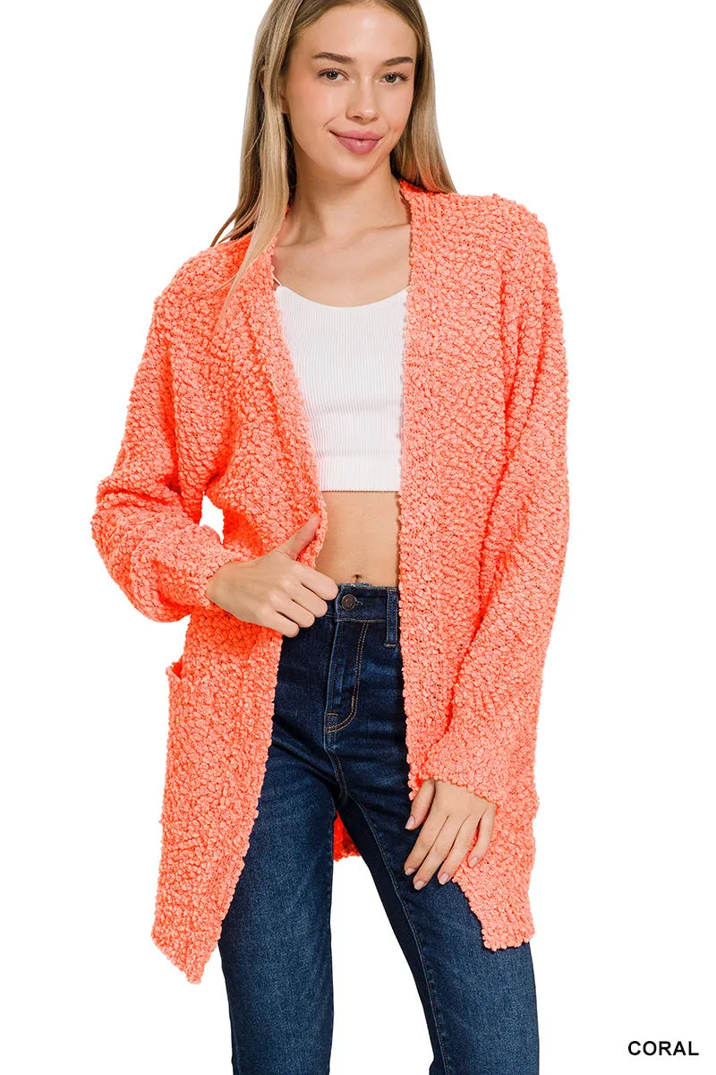 Long sleeve popcorn cardigan with pockets for women