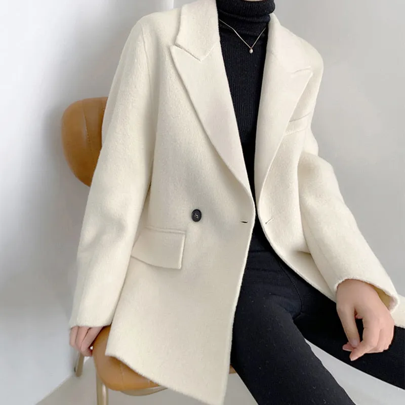 Loose Fit White Woolen Coat Parkas New Long Sleeve