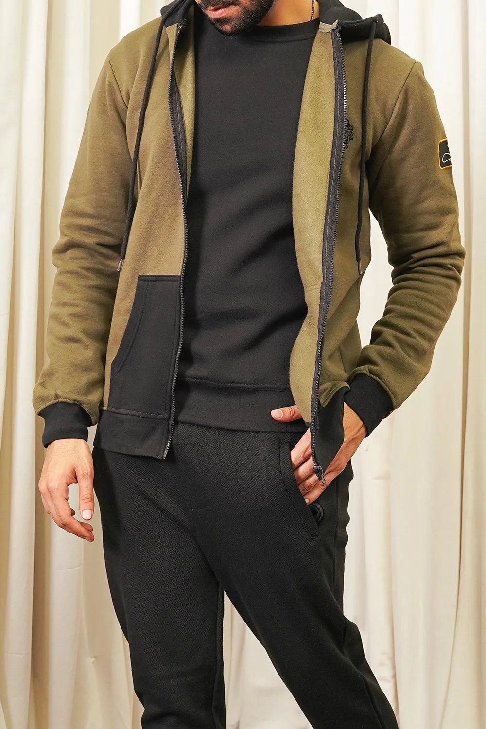 Men Olive Black Zipper Hoodie