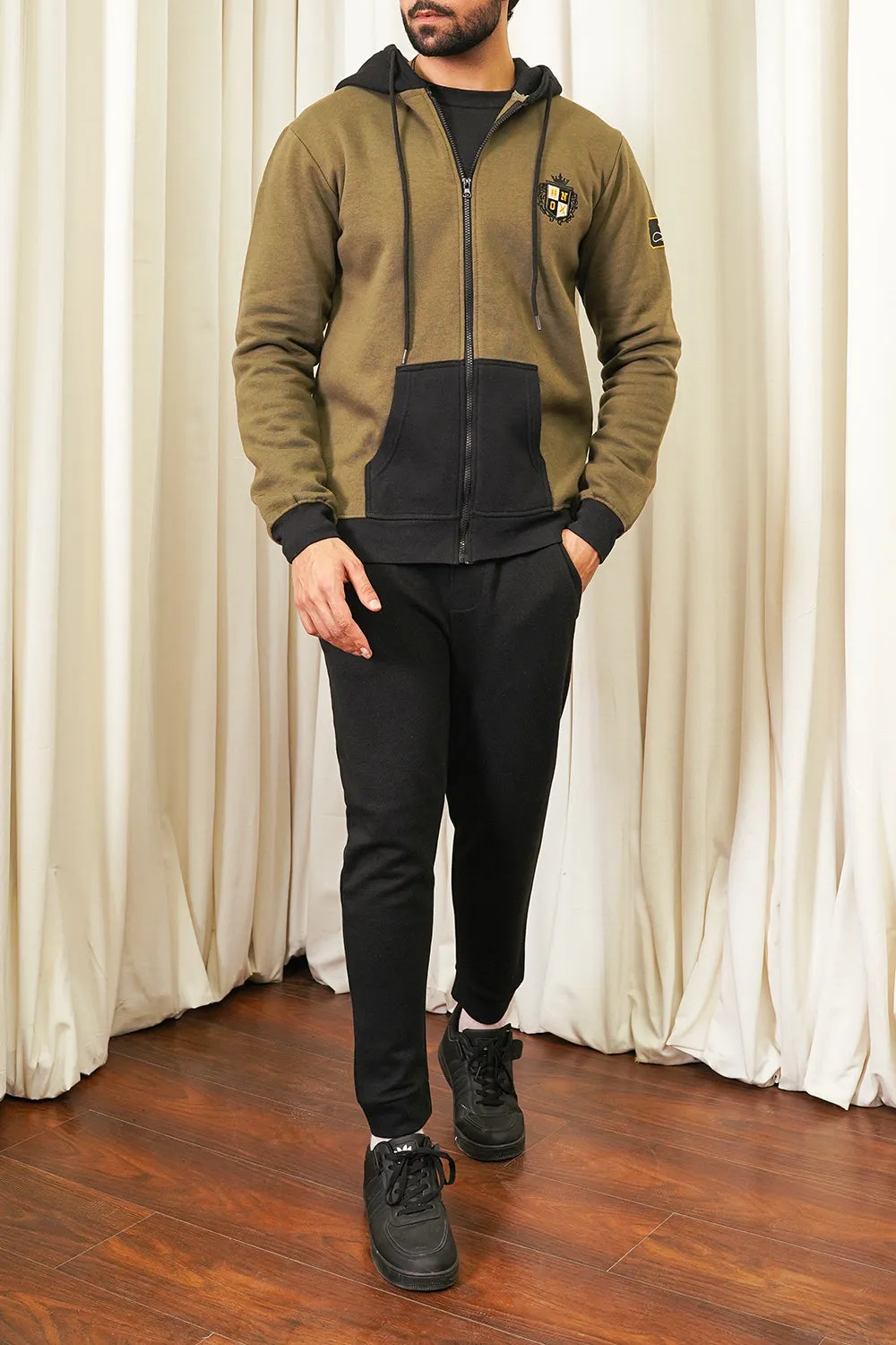 Men Olive Black Zipper Hoodie