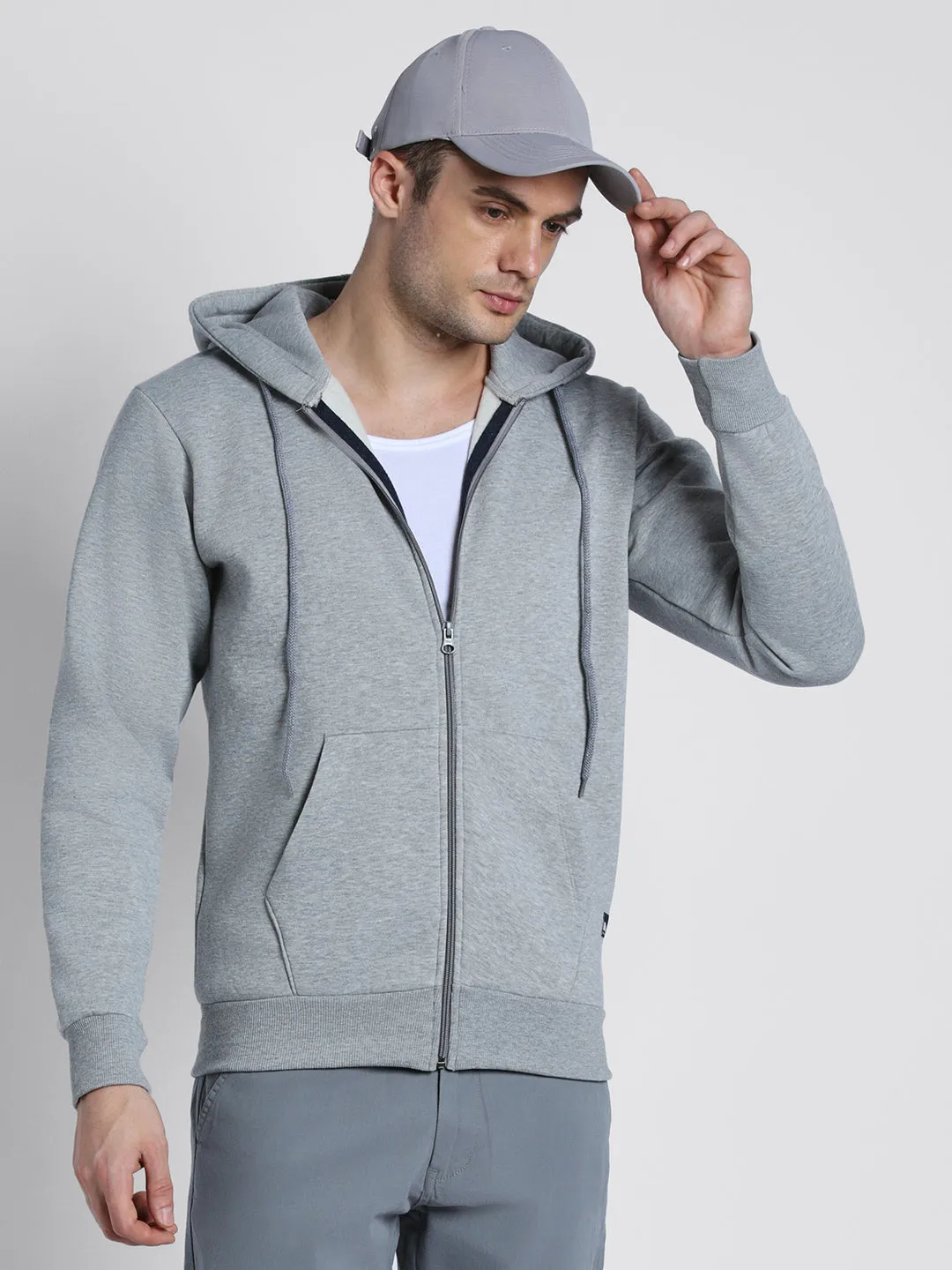 Men's Grey Solid Hooded Sweatshirt