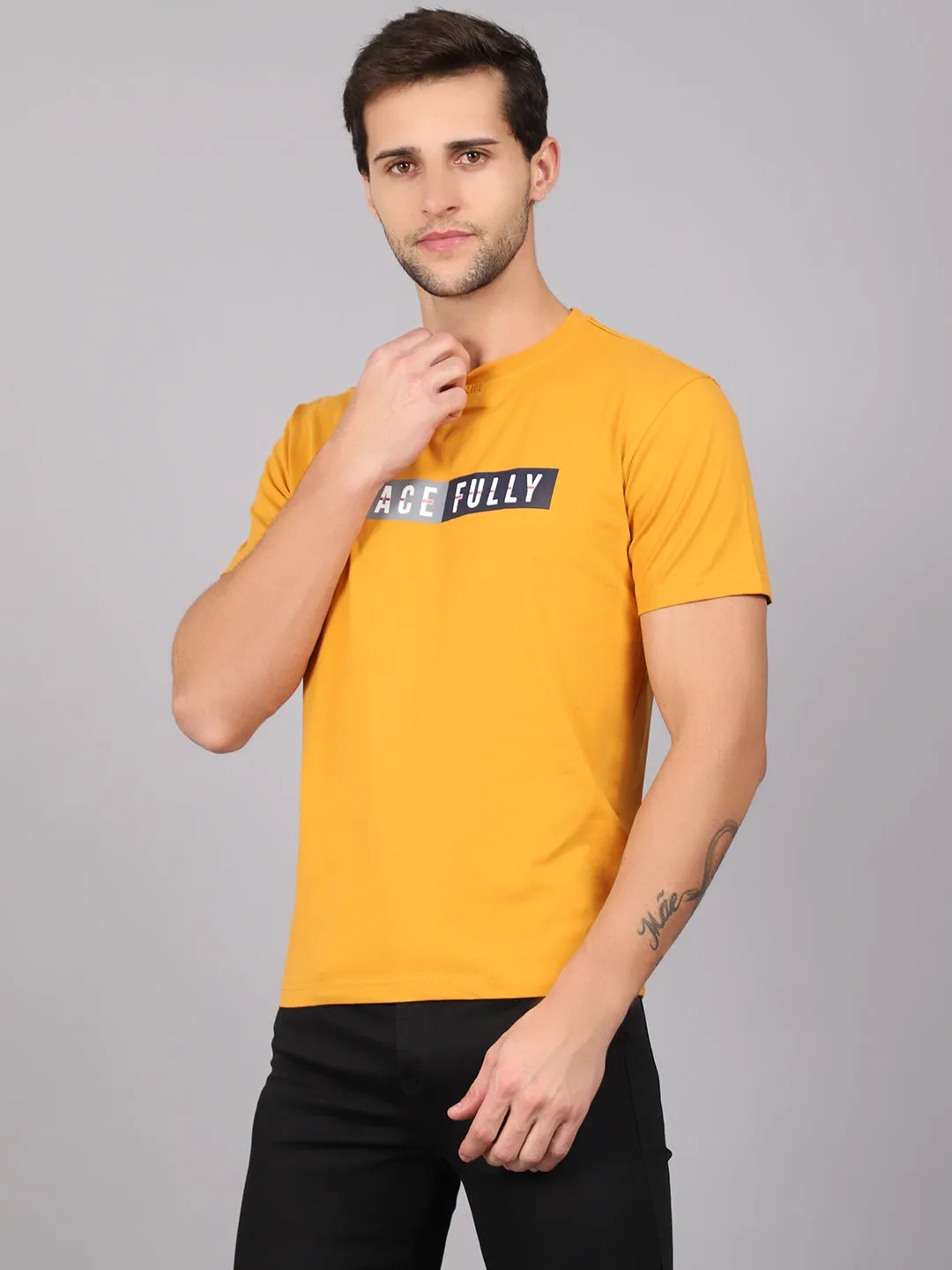 Men's Mustard  Round neck Half Sleeve T-Shirt with Typographic print