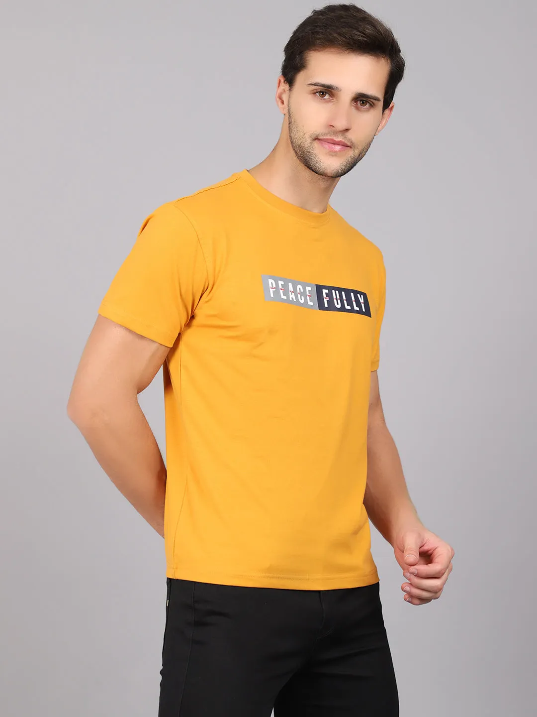 Men's Mustard  Round neck Half Sleeve T-Shirt with Typographic print