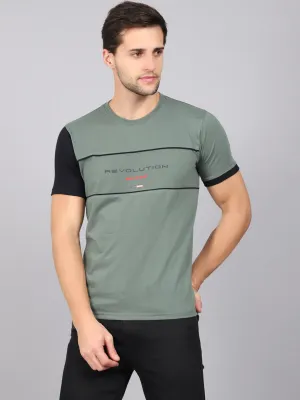 Men's Olive Green Round neck Half Sleeve T-Shirt with cut n sew print panel & contrast Sleeve