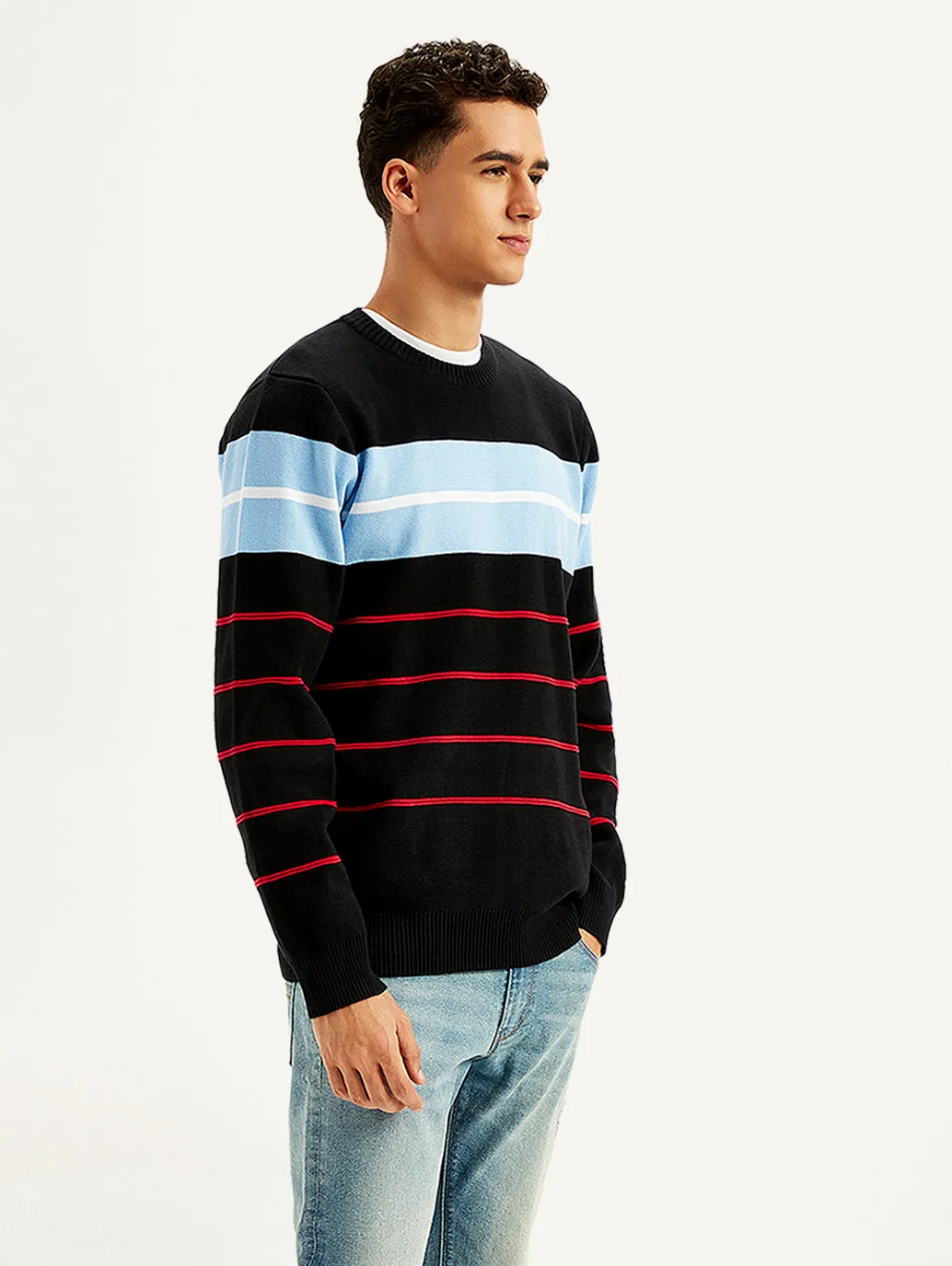 Men's Striped Black Crew Neck Sweater