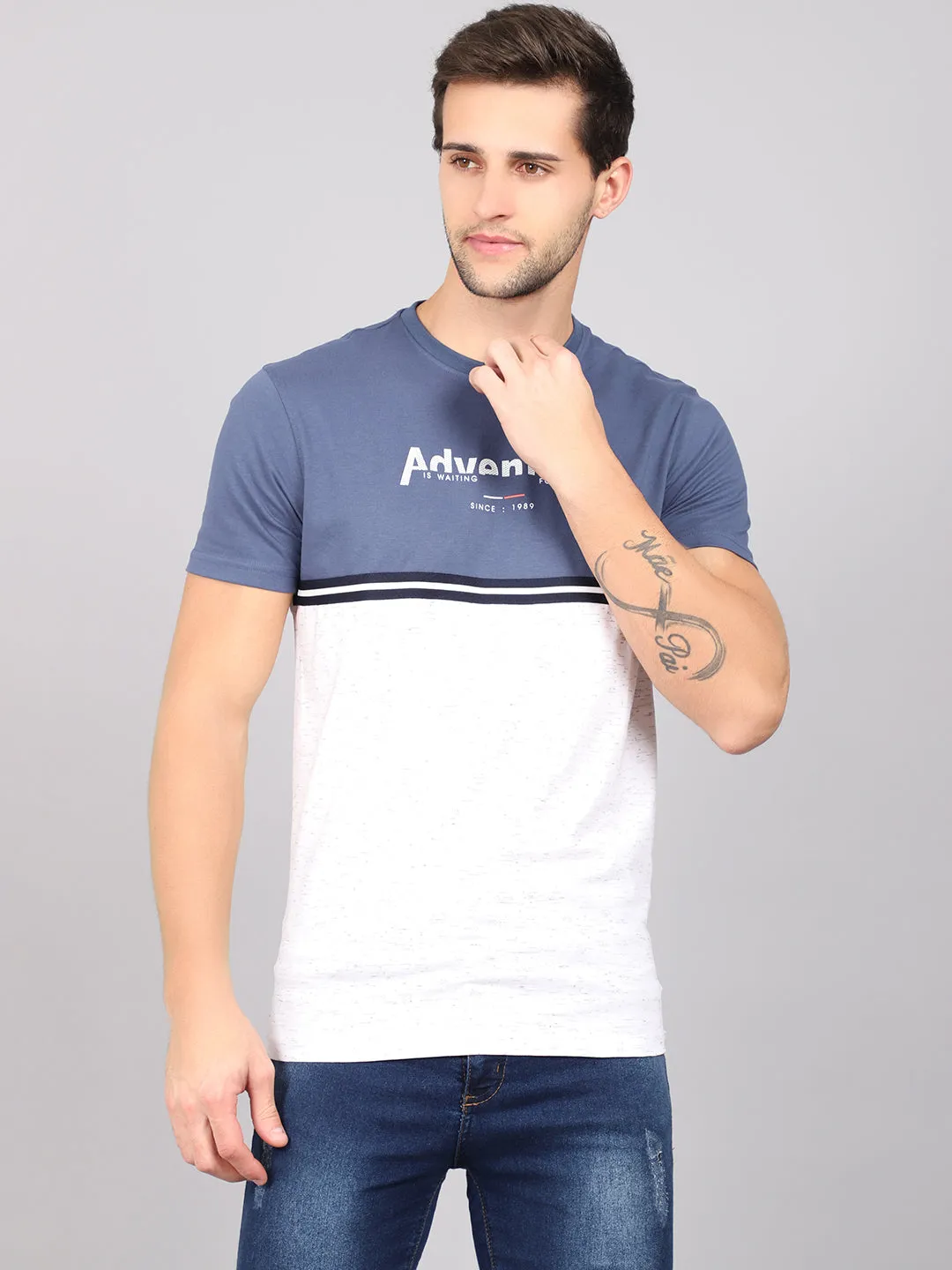 Men's White Color block Round neck Half Sleeve T-Shirt with Print