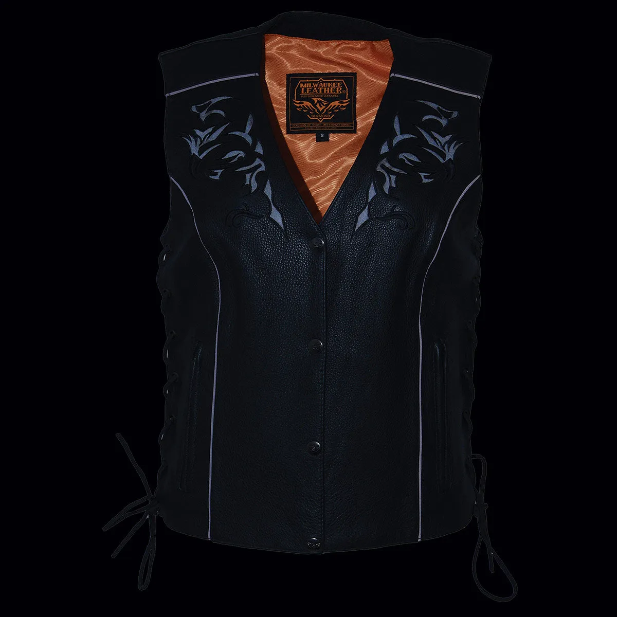 Milwaukee Leather ML1296 Women's Black Leather Side Laced Motorcycle Vest w/ Reflective Tribal