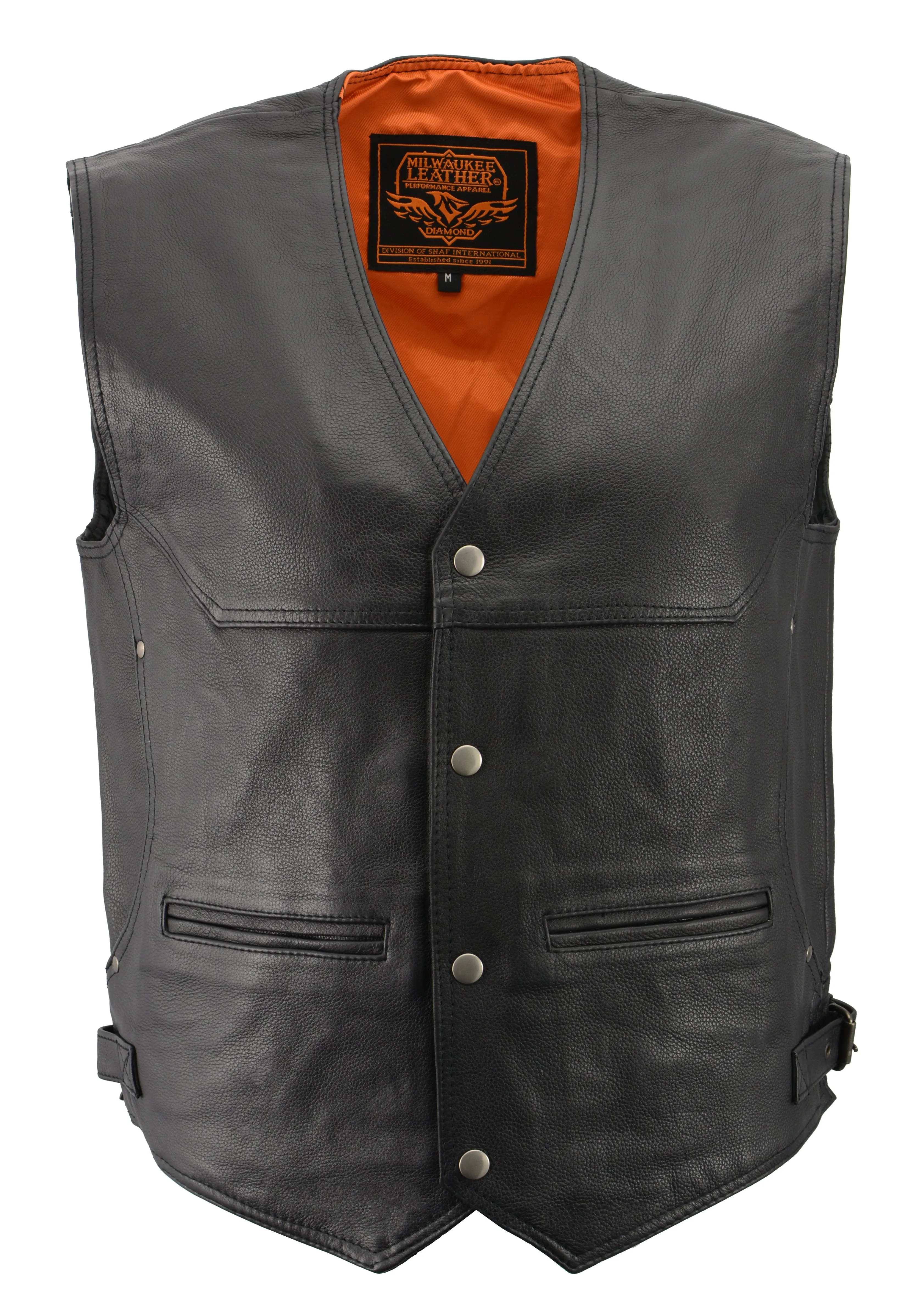 Milwaukee Leather ML1927 Men's Deep Pocket Black Leather Vest with Side Buckle