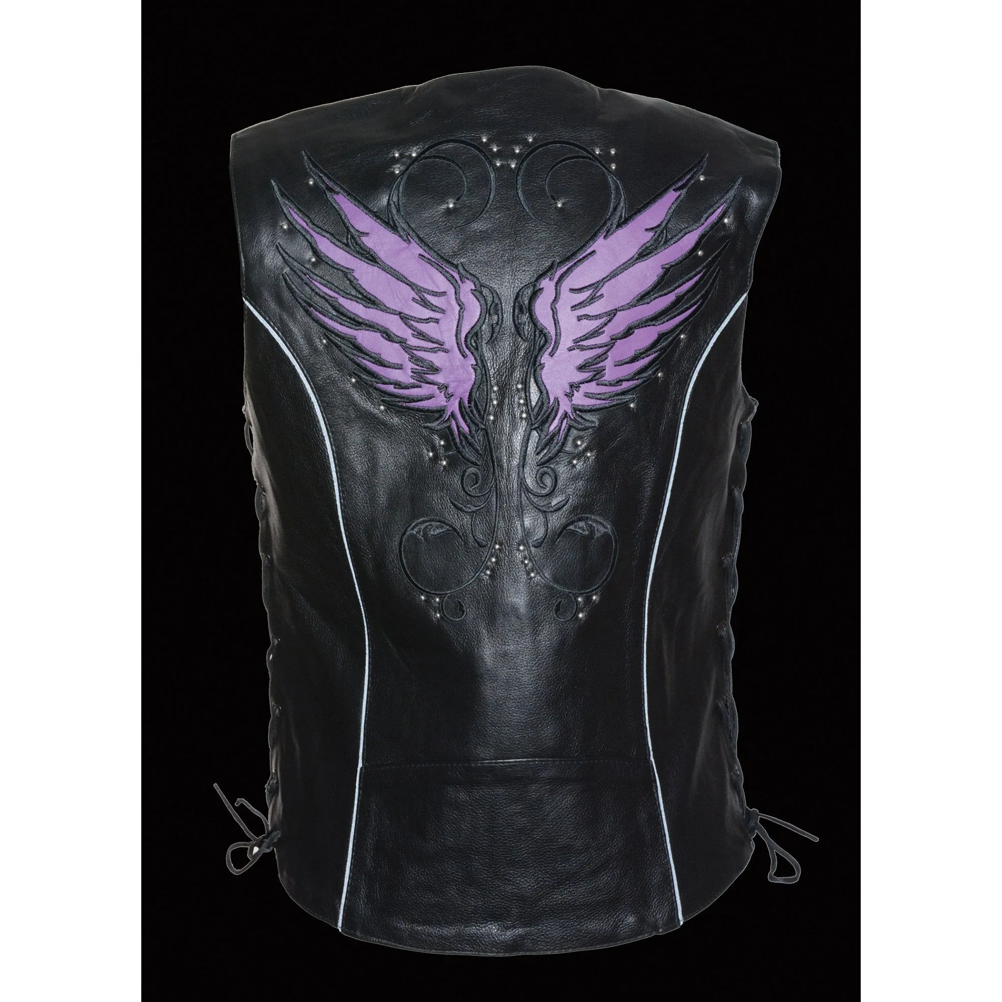 Milwaukee Leather MLL4505 Ladies Black and Purple Vest with Stud & Wings Detailing