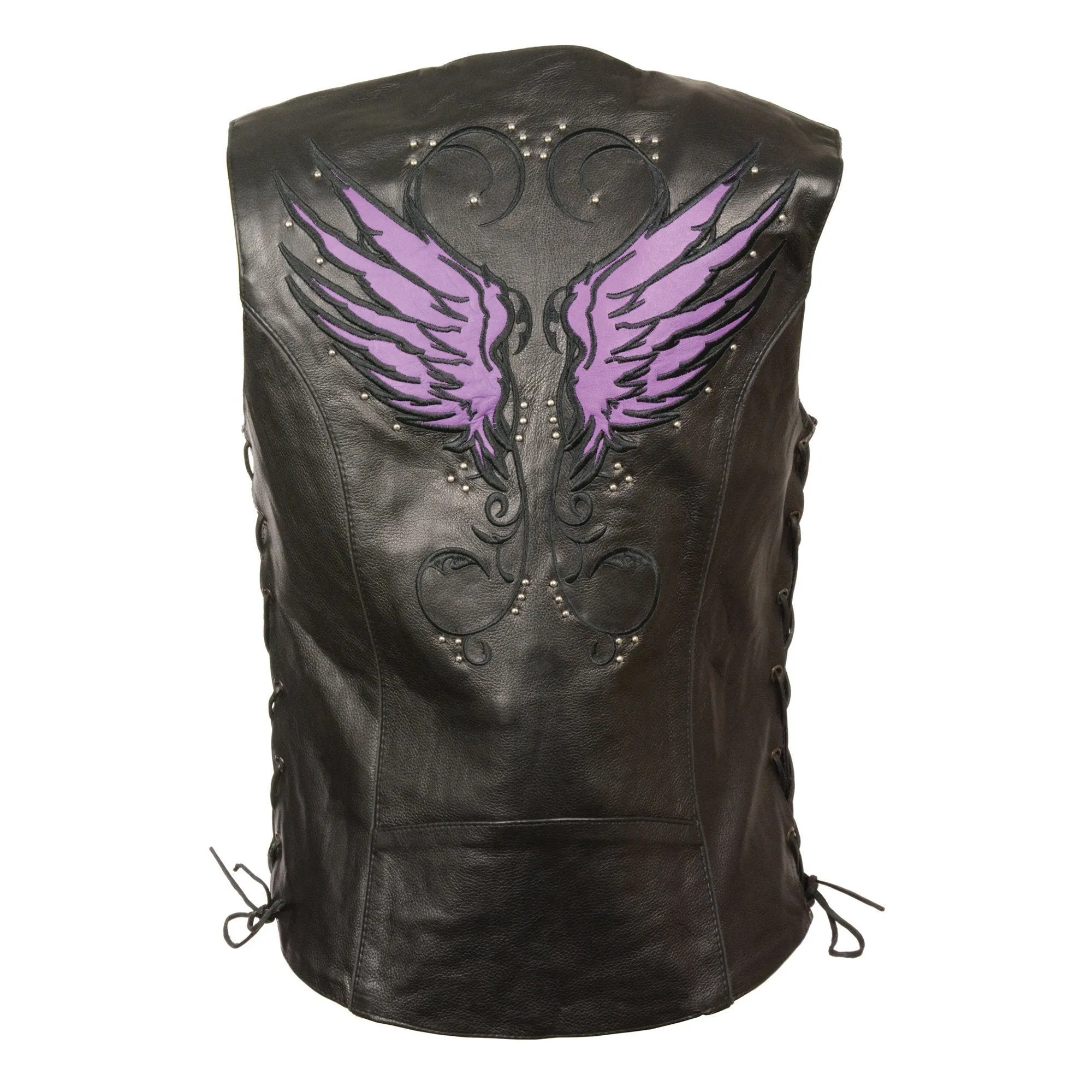 Milwaukee Leather MLL4505 Ladies Black and Purple Vest with Stud & Wings Detailing