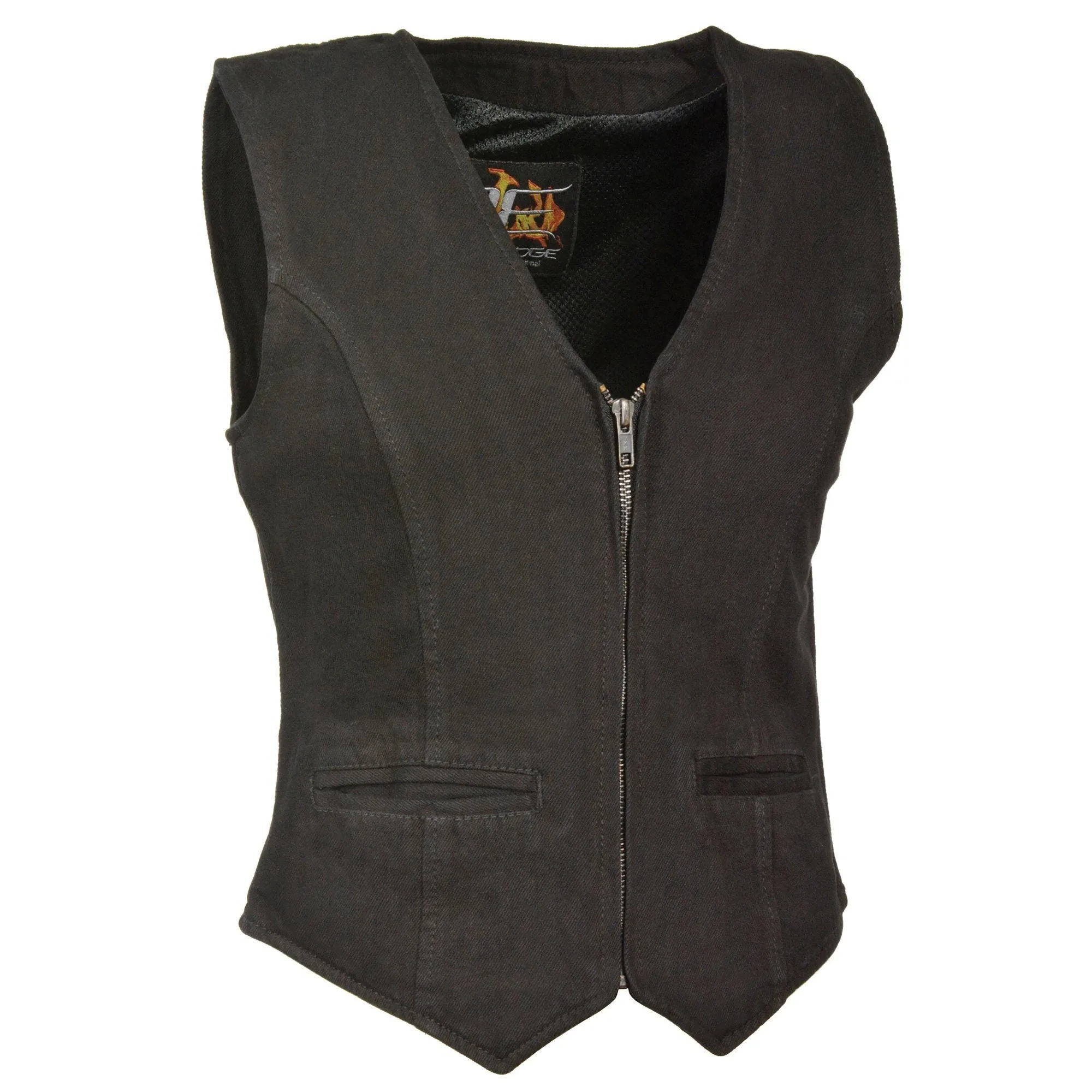 Milwaukee Performance Denim-DM1246-Ladies Black Zipper Front Denim Vest with V Neck Collar