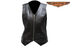 MOTORCYCLE MOTORBIKE LADIES PLAIN LEATHER ZIPPER VEST WITH V NECK SOFT LEATHER