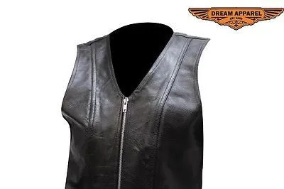 MOTORCYCLE MOTORBIKE LADIES PLAIN LEATHER ZIPPER VEST WITH V NECK SOFT LEATHER