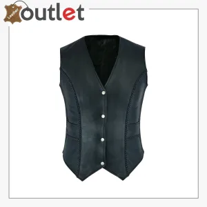 New Womens ladies Genuine Real Leather Braided Black Waistcoat Gillette Vest