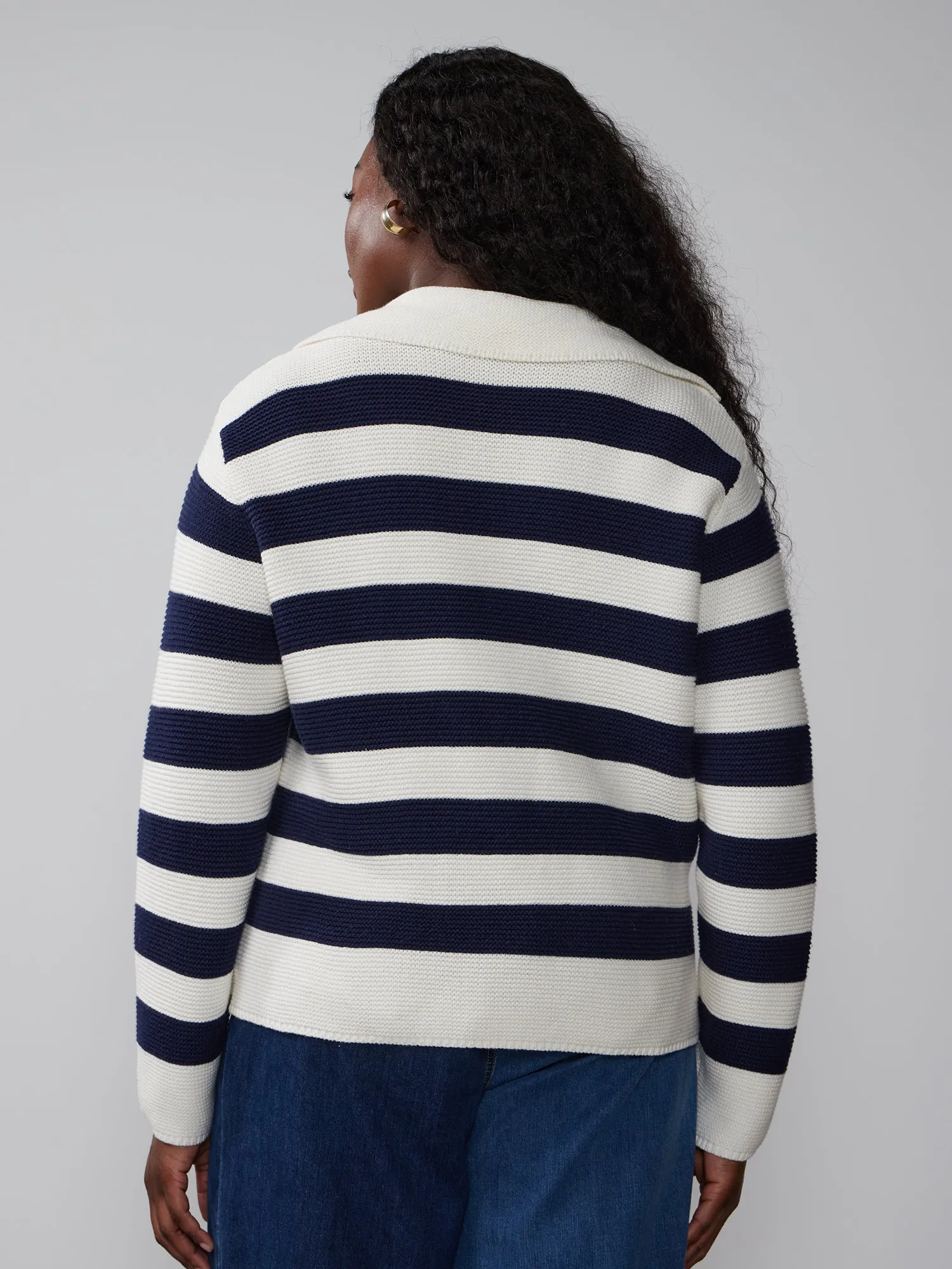 Plus Long Sleeve Collared Striped Pullover