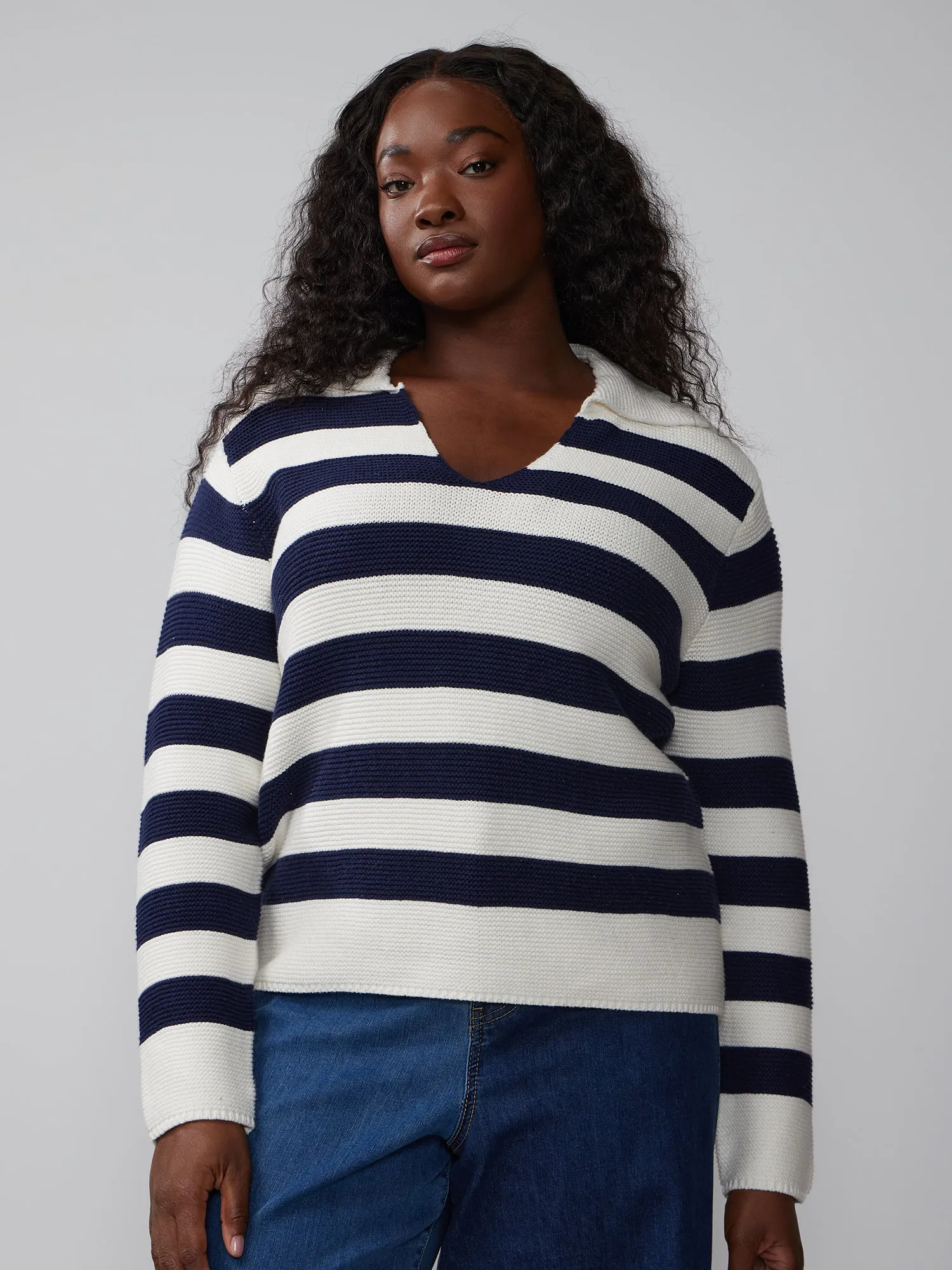 Plus Long Sleeve Collared Striped Pullover