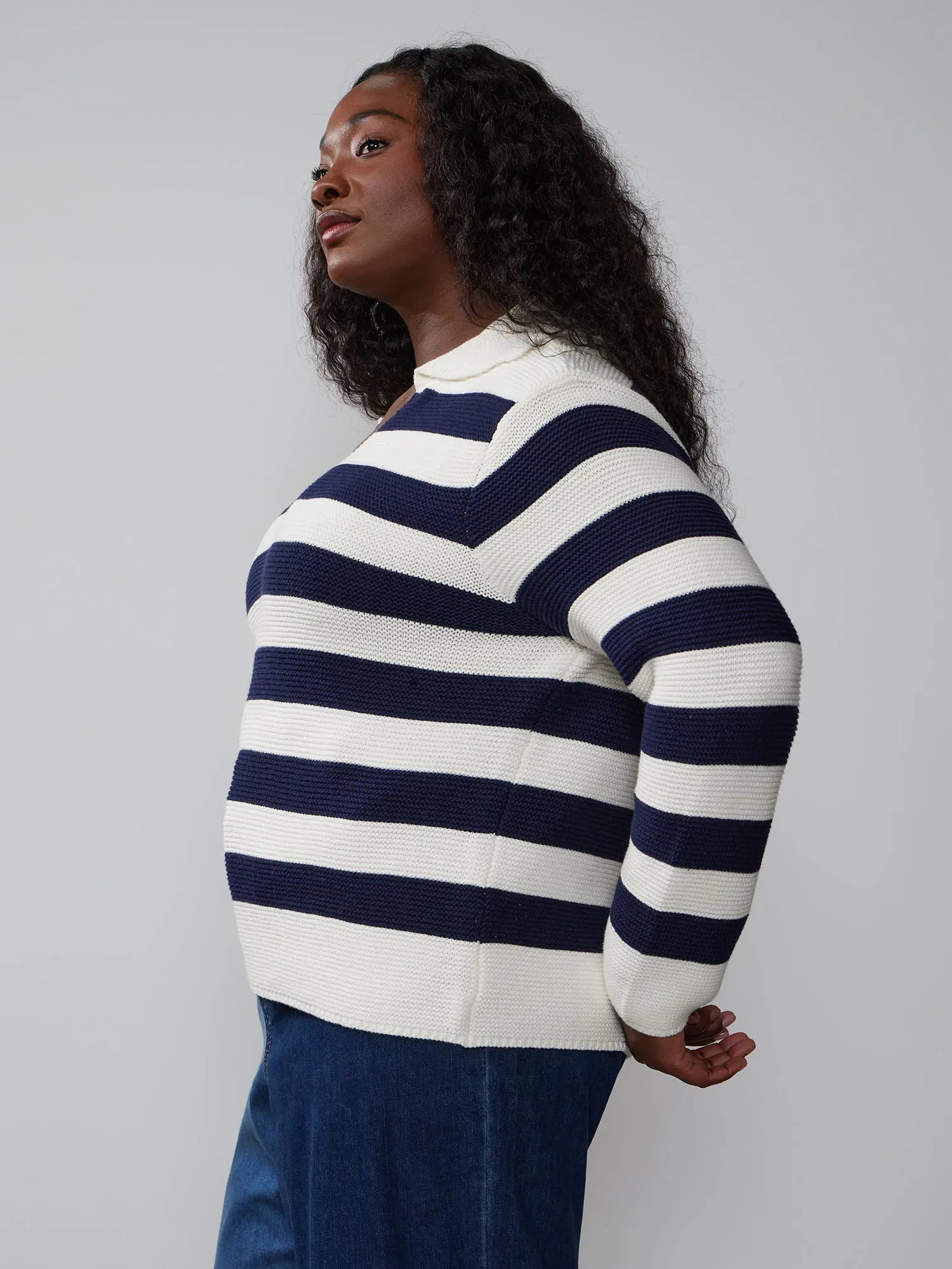 Plus Long Sleeve Collared Striped Pullover