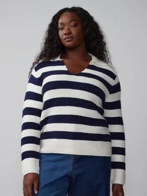 Plus Long Sleeve Collared Striped Pullover