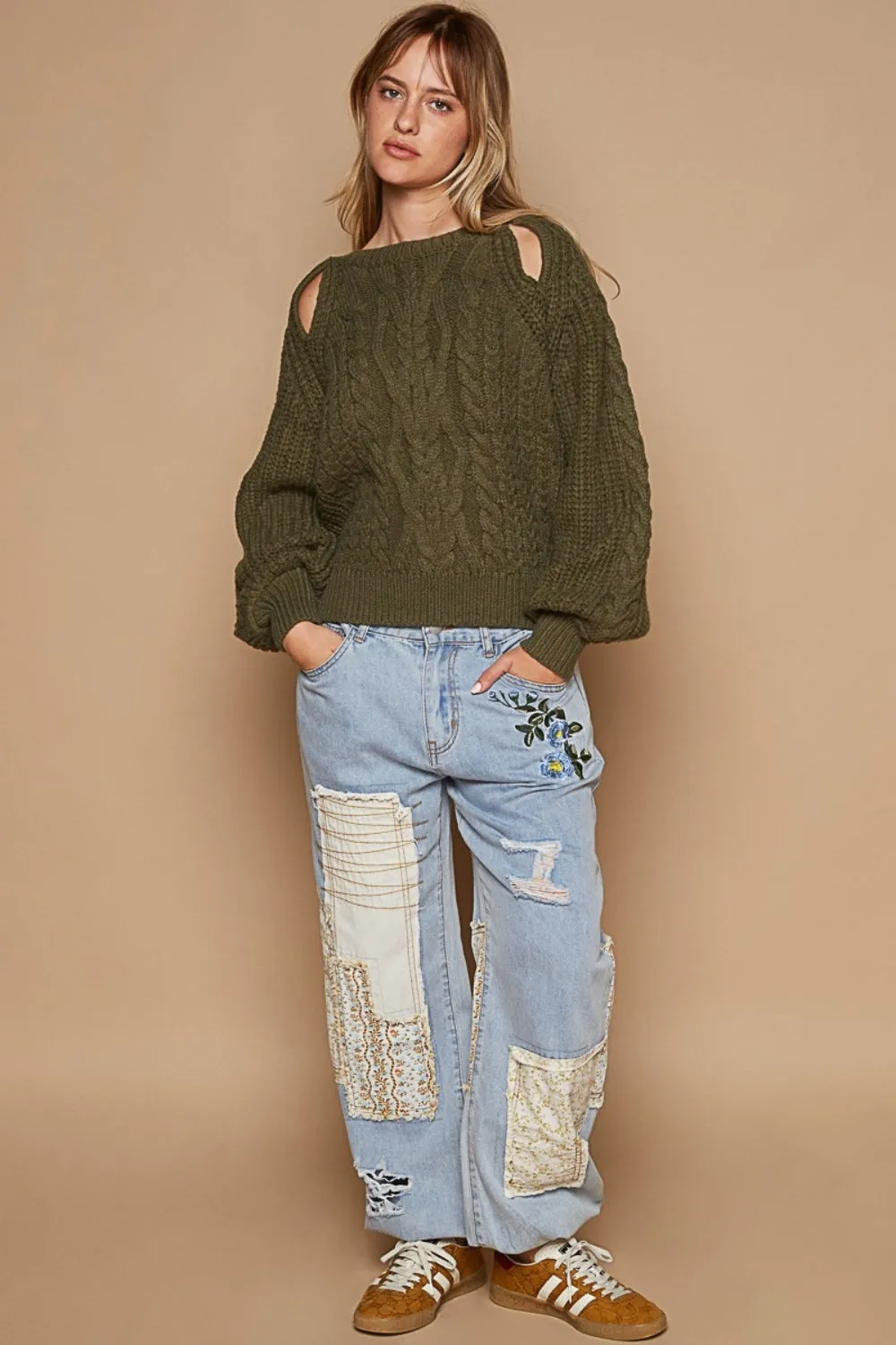 POL Cable Knit Cutout Long Sleeve Sweater